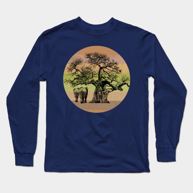 Baobab Tree and Elephants on Retro-style Sunset in Africa Colors Long Sleeve T-Shirt by scotch